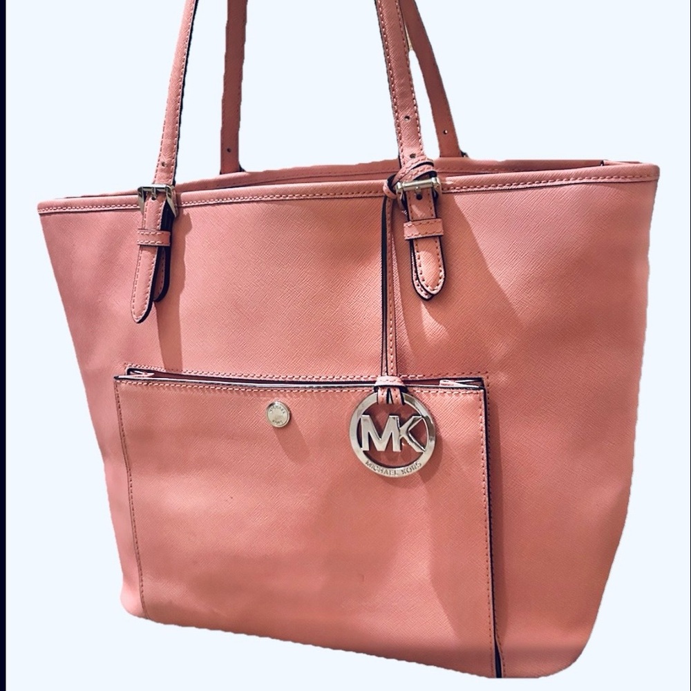 Michael Kors Jet Set Pink Saffiano Leather Tote | Snap Pocket Shoulder Bag